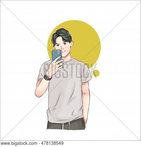 This Lively Illustration Depicts A Smiling Young Man Holding A Phone, Capturing A Selfie Reflection 