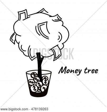 Doodle Money Tree Or Plant. Savings Grouth Concept. Black And White Outline Cartoon Vector Illustrat