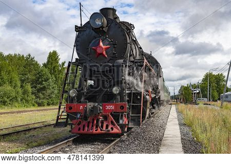 Kuzhenkino, Russia - July 16, 2022: Old Soviet Steam Locomotive L-3051 (lebedyanka) With Seliger Ret