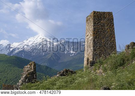 Ancient Ossetian Battle Tower In The Caucasus Mountains On A Sunny June Morning. North Ossetia Alani