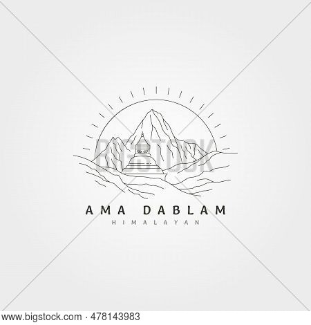 Ama Dablam Himalayan Mountain Line Art Vector Logo Symbol Illustration Design, Stupa With Mountain L
