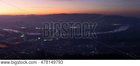 Panoramic View Of City Of Doboj And River Bosna During Dusk