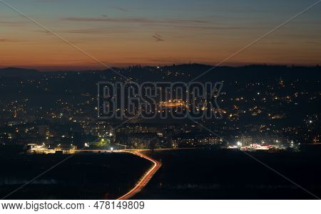 Landscape Of City Of Doboj On Shore Of Bosna River At Twilight, Light Trails