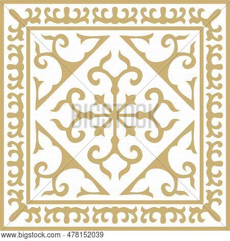 Vector Golden Square Kazakh National Ornament. Ethnic Pattern Of The Peoples Of The Great Steppe, Mo