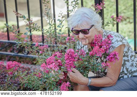Happy Senior Woman Smelling And Touching Perple Flowers At Summer Garden. Gardener And Florist Old W