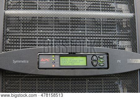 Control Panel Apc With Alarm Module Of Uninterruptible Power Supply System Ups In Server Room, Red L