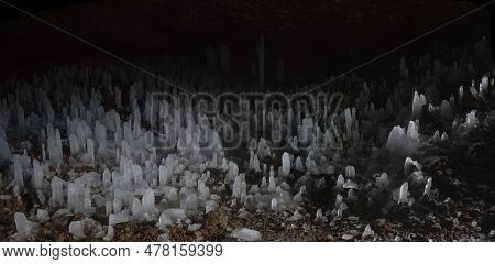 Russia. Kuril Islands. Cave With Numerous Ice Stalagmites On The Island Of Iturup. During The Time O