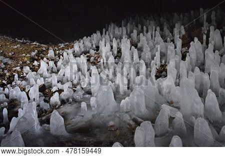 Russia. Kuril Islands. Cave With Numerous Ice Stalagmites On The Island Of Iturup. During The Time O