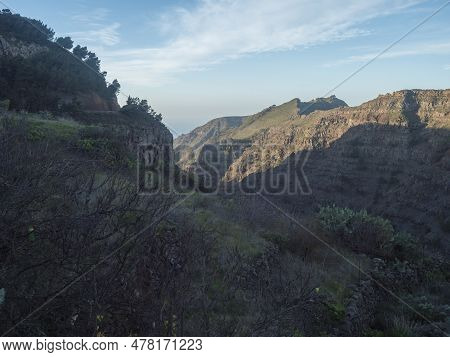 View Of Green Valley With Palm Trees, Cacti And Sharp Cliffs Of La Merica Mountain. Seen From Camino