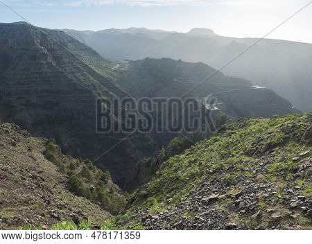 View From Green Plateau On Top Of La Merica Mountain On Valley With Winding Roads And Hills In Fog H