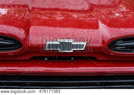 Finowfurt, Germany - May 06, 2023: The Front Emblem Of A Full-size Pickup Truck Chevrolet Apache C20