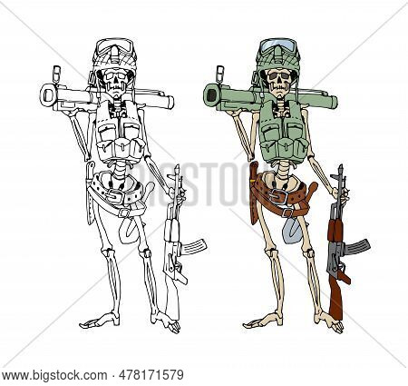 The Risen Dead Soldier. A Decayed Infantryman. A Skeleton Warrior. Vector Illustration With Contour 