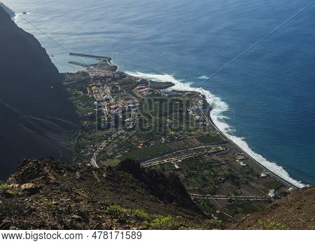 Aerial View Of Village Resort Vueltas With Port, Seen From Top Of La Merica Mountain Cliffs, Camino 