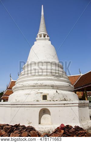 Ancient White Chedi Or Antique Old Stupa For Thai People Travelers Travel Visit And Respect Praying 