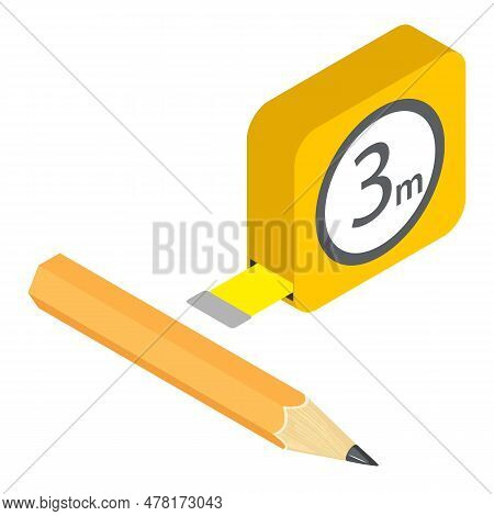 Engineering Tool Icon Isometric Vector. Yellow Measuring Tape And Wooden Pencil. Construction And En