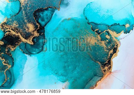 Luxury Blue Abstract Background Of Marble Liquid Ink Art Painting On Paper . Image Of Original Artwo