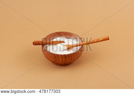 Salep Powder In Wooden Bowl. Salep, Also Spelled Sahlep Or Sahlab Is A Flour Made From Tubers Of The