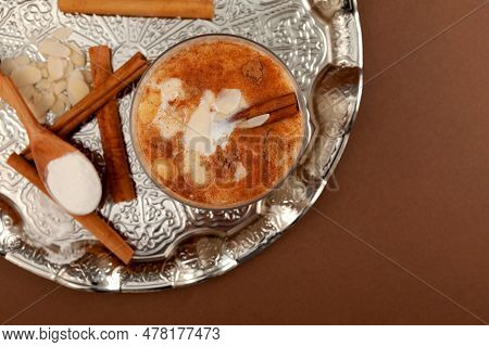 Turkish Traditional Hot Drink Salep On Silver Tray, Top View, Selective Focus. Salep Also Known As S