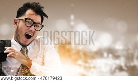 Double Exposure Surreal Image Of Businessman Running Fast In The City With Modern Buildings Cityscap
