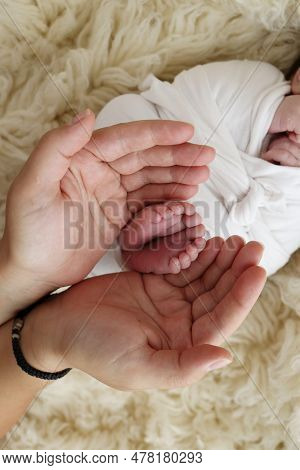 Feet Of The Newborn On The Palms Of The Parents. The Palms Of The Father And Mother Are Holding The 