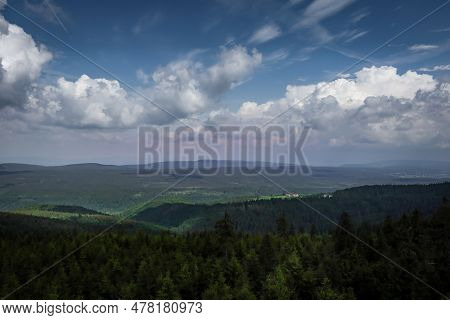 A View To Snieznik Massif From A Lookout Tower On Mount Orlica, Orlickie Mountains, Poland. Dense Fo