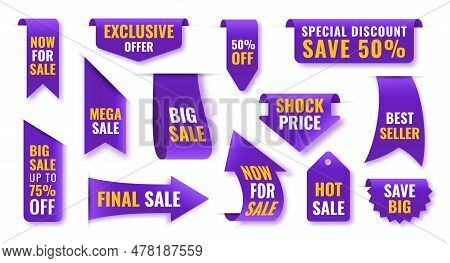 Mega Sale Violet Banner. Special Offer Arrow Shape Product Label. Shock Price Purple Discount Tag. S
