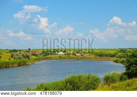 Vorskla River And Krapivnoe Village In Belgorod Region, Russia. Summer River Landscape Near The Sour