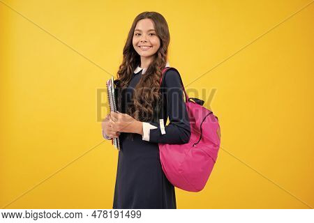 School Teenager Child Girl 12, 13, 14 Years Old With Book And Copybook. Teenager Schoolgirl On Isola