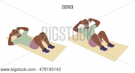 Senior Man Doing Crunch Exercise. Active Lifestyle. Flat Vector Illustration