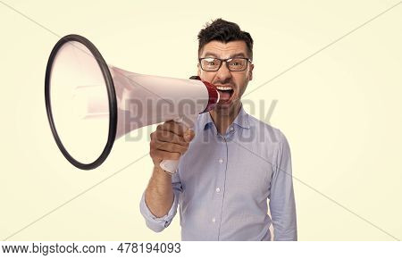 Man With Megaphone Isolated On White Background. Man With Megaphone Announcement