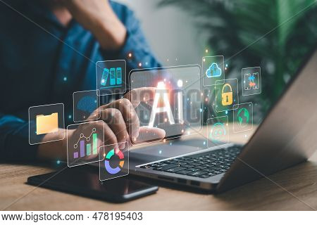 Business Work And Ai Technology Concept, Businessmen Use Laptop And Ai Technology Artificial Intelli