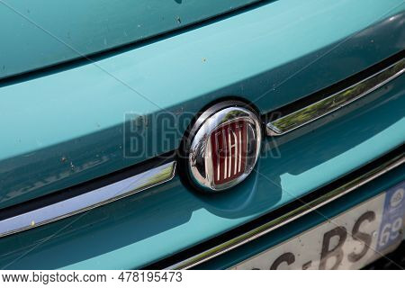 Milano , Italia - 06 21 2023 : Fiat 500 Modern Car Vintage Blue Color  Logo Brand And Text Sign