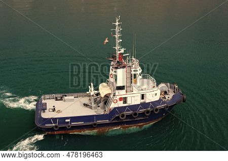 Aerial View Of Marine Tugboat In Sea. Photo Of Tugboat. Tugboat Outdoor. Tugboat In The Sea