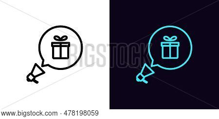 Outline Promotion Megaphone Icon, With Editable Stroke. Loudspeaker With Bubble Message And Gift Box