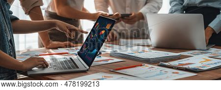 Panorama Shot Analyst Team Utilizing Bi Fintech To Analyze Financial Report With Laptop. Businesspeo