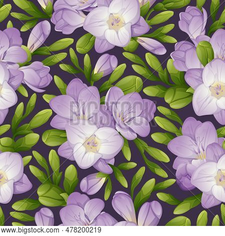 Seamless Pattern With Freesia Flowers. Texture With Purple Flowers And Green Buds. Floral Print For 