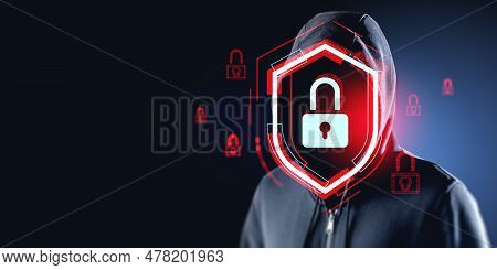 Hooded Man Hacker Portrait With Red Glowing Protective Shield And Padlock Icon Hud, Double Exposure.