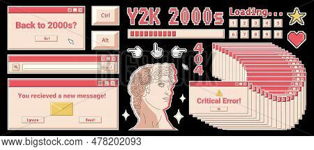 Trendy Y2k Banner With Retro Computer Windows, Greek Sculpture, Pixel Shapes And Text, Design Elemen