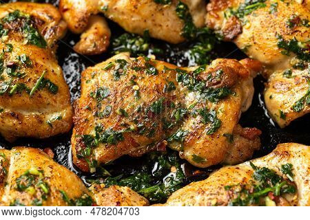 Homemade Chimichurri Chicken Thighs Ready To Eat On Iron Cast Pan