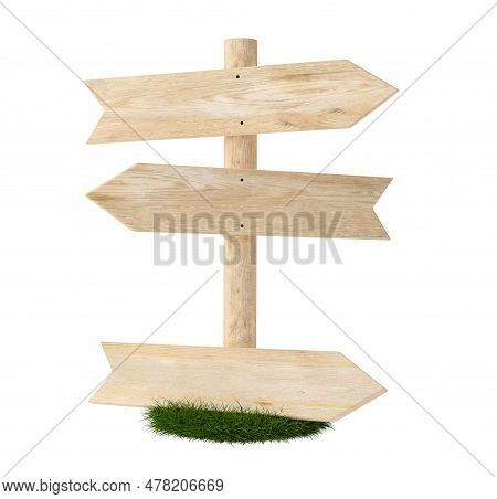 Group Of Three Angled Empty, Blank Wooden Arrow Signs On Green Grass Patch With Room For Text, One S