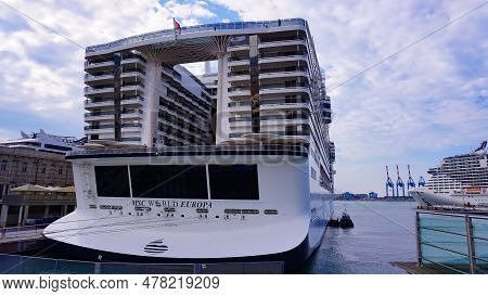 Genoa, Liguria, Italy - April 28, 2023: The Cruise Ship Msc World Europa In Port Of Genoa On April 2