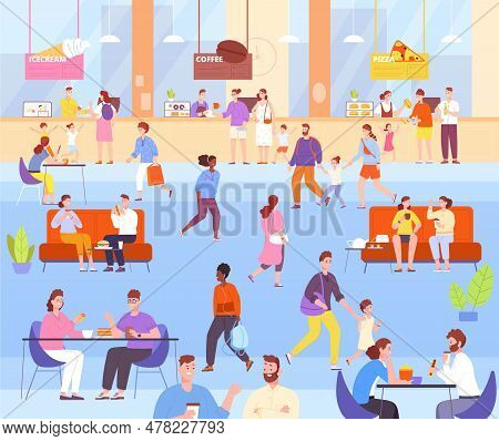 People Food Court. Retail Restaurant Counter Mall Cafe, Client Eating Breakfast Lunch Meal Inside Ca