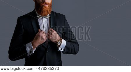 Man Studio Shot In Tux, Copy Space. Man Wearing Elegant Tux. Tux Fashion. Cropped View