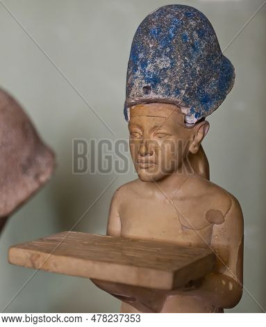 Cairo, Egypt - March 18, 2023: Statue Of Ahkenaten Wearing The Blue Crown. The Egyptian Museum In Ca