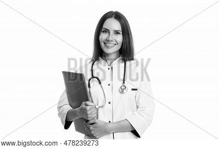 Nurse With Emedicine Laptop In Studio. Photo Of Nurse Hold Laptop For Emedicine Wear White Coat