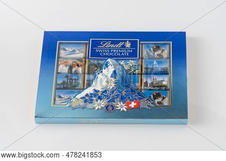 A Blue Box Of Lindt Chocolates. Swiss Premium Chocolate. Souvenir Gift Box. Classic Sweet Food. Cand