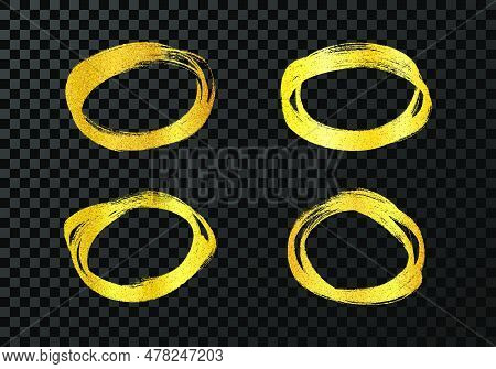 Circle Drawn With A Gold Marker. Set Of Four Doodle Style Various Scribble Circles. Gold Hand Drawn 