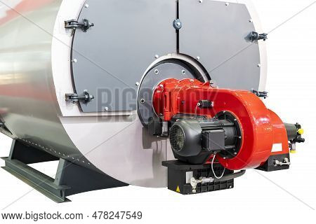 Close Up Electric Motor And Burner Head Unit Of Boiler Room For Industrial With Component Isolated O