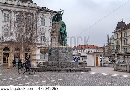Ljubljana, Slovenia - Marth 7, 2023:this Is A Monument To The Poet Franz Preseren On The Square Of T