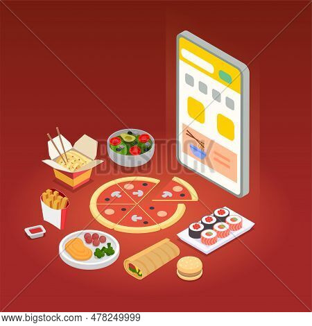 Cloud Kitchen Concept With Food Variety Symbols Isometric Vector Illustration